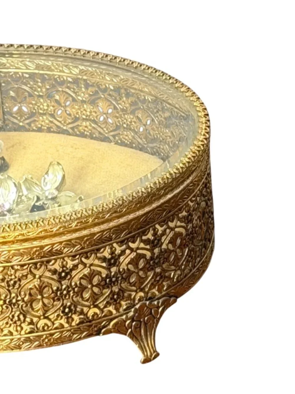 Vintage Hollywood Regency style brass filigree jewelry box with beveled glass to